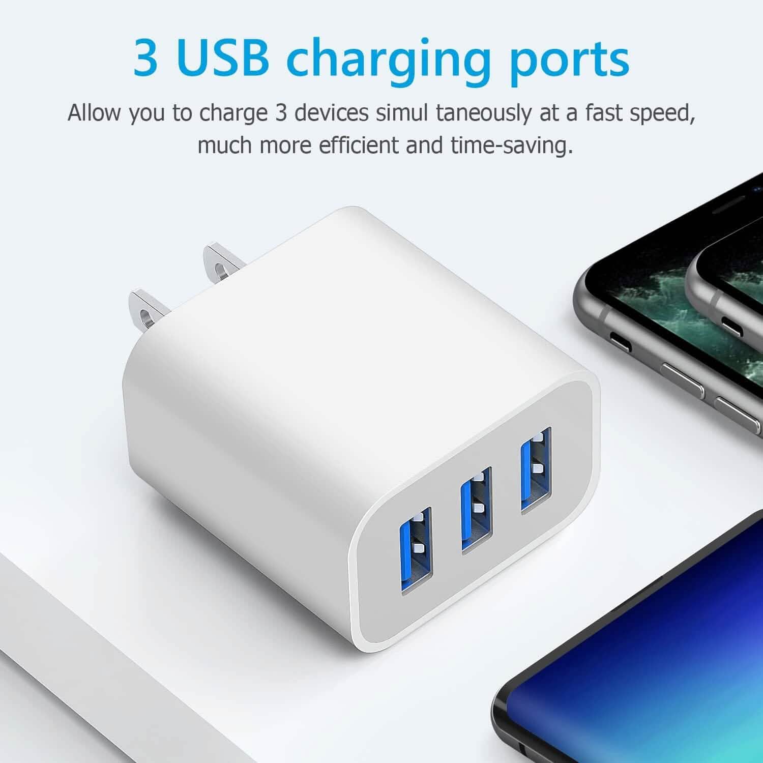 2-Pack: Compact 3-Port USB Wall Charger Adapters with Quick Charge